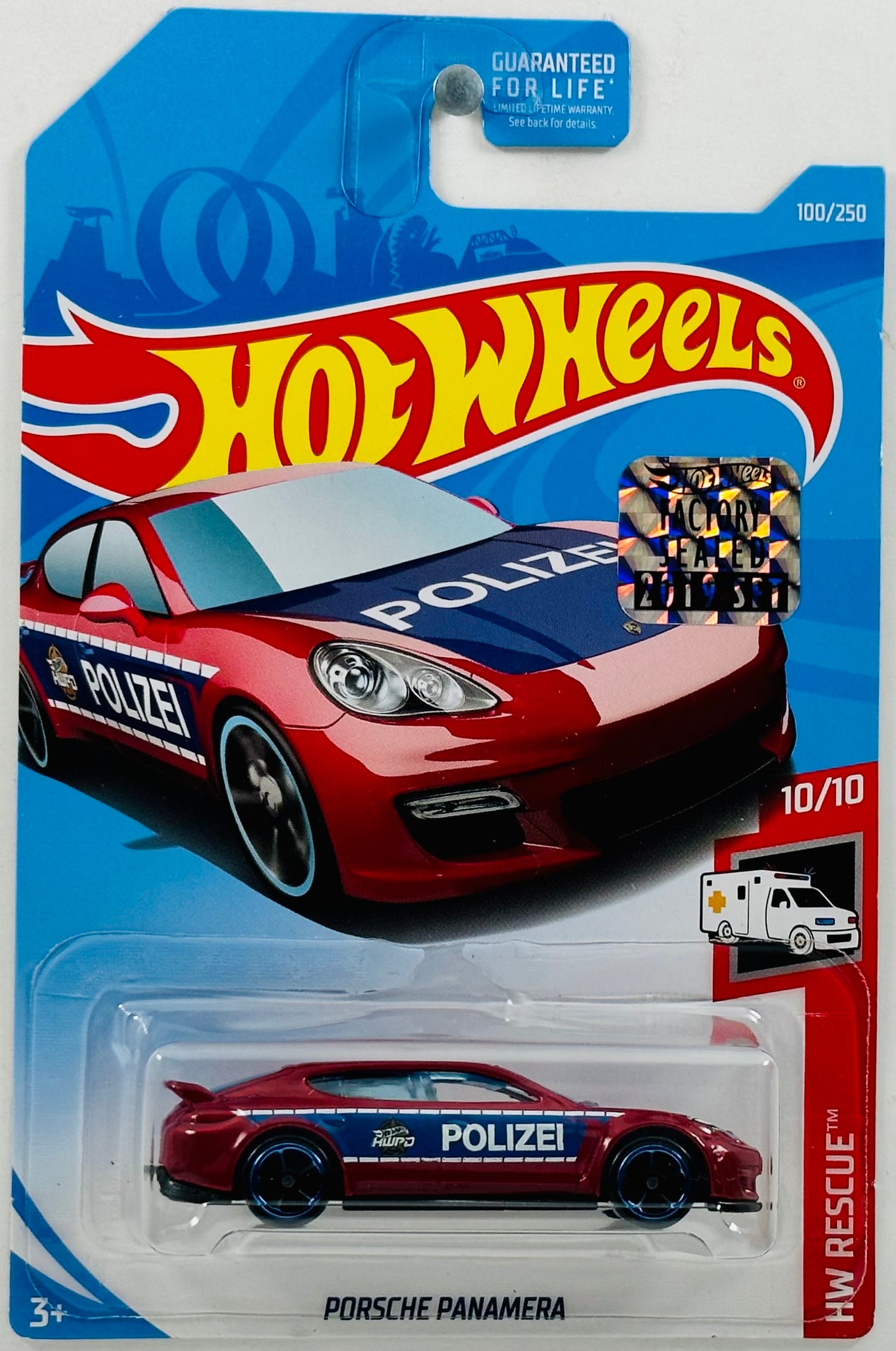 Hot Wheels 2019 - Collector # 100/250 - HW Rescue 10/10 - Porsche Panamera - Red - 'HWPD' / 'Polizei' - Blue Lip / OH5 Wheels - USA Card with Factory Set Sticker