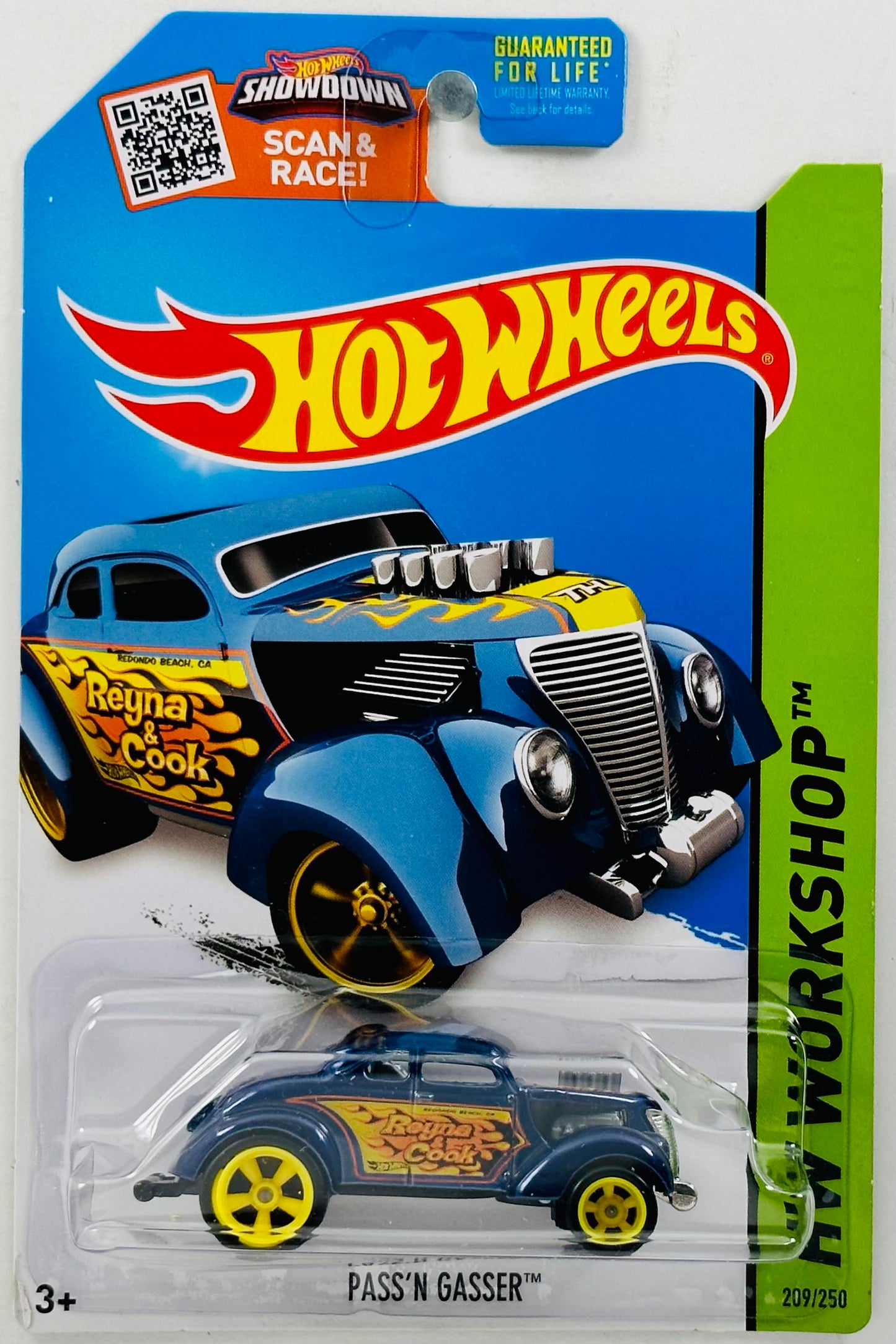 Hot Wheels 2015 - Collector # 209/250 - HW Workshop / Heat Fleet / SUPER Treasure Hunts - Pass'n Gasser - Spectraflame Blue / 'Reyna &amp; Cook' / Black &amp; Orange Flames - Yellow Real Rider 5 Spoke (RR5SP) Wheels - USA 'Scan & Race!' Card
