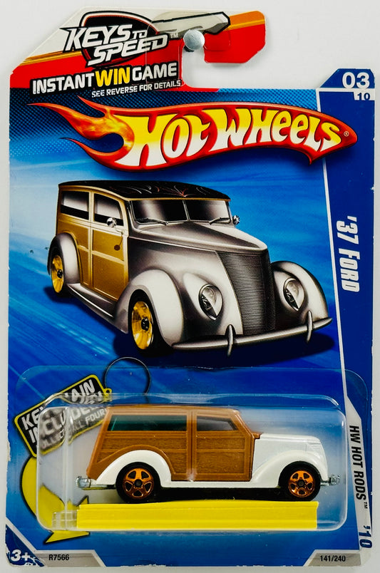 Hot Wheels 2010 - Collector # 141/240 - HW Hot Rods 03/10 - '37 Ford - Metallic White & Brown - Keychain Included - USA Keys To Speed Card