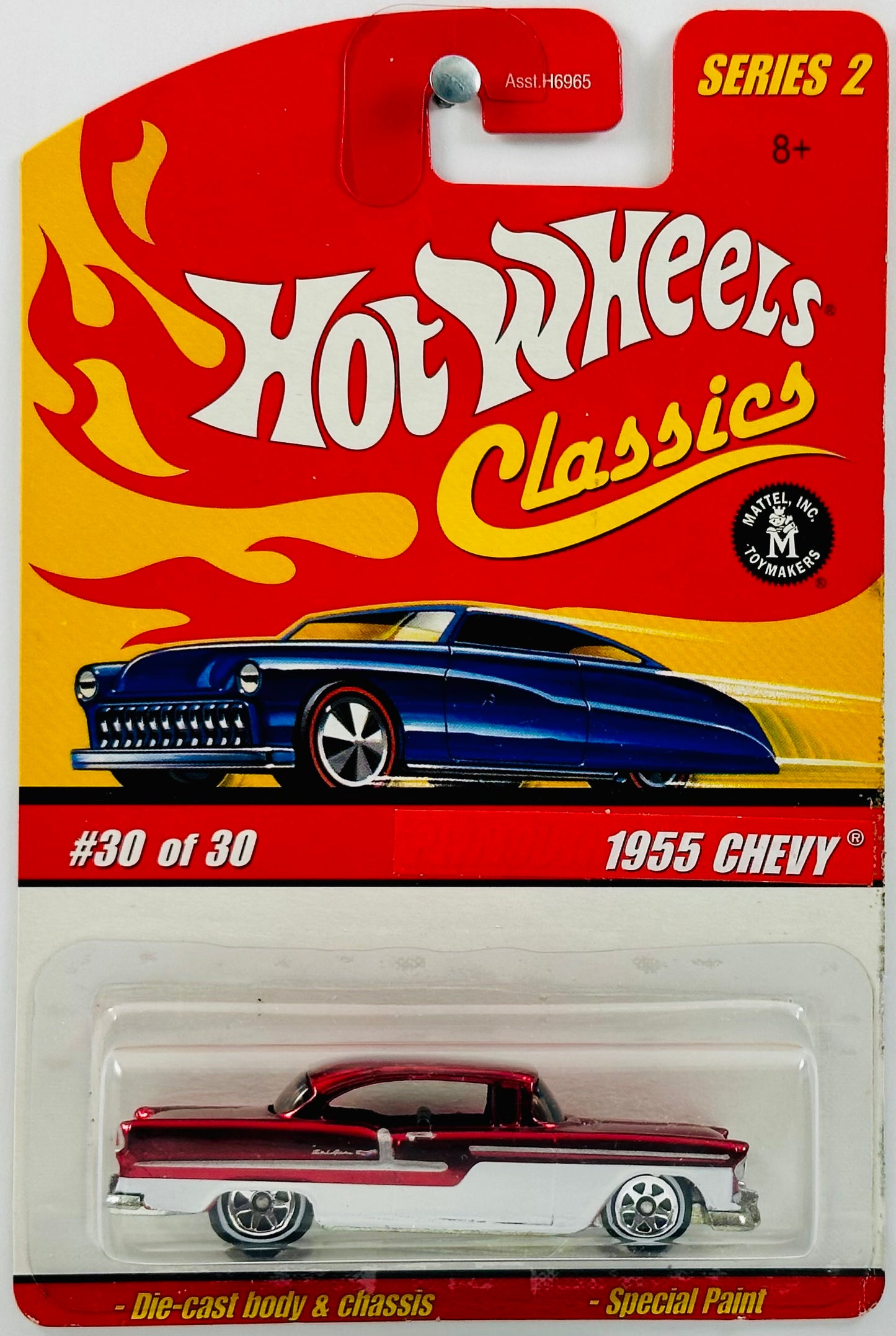 Hot Wheels 2006 - Classics Series 2 # 30/30 - 1955 Chevy - Spectraflame Red over White Enamel - 7 Spokes on White Walls - Metal/Metal - NEW Casting!