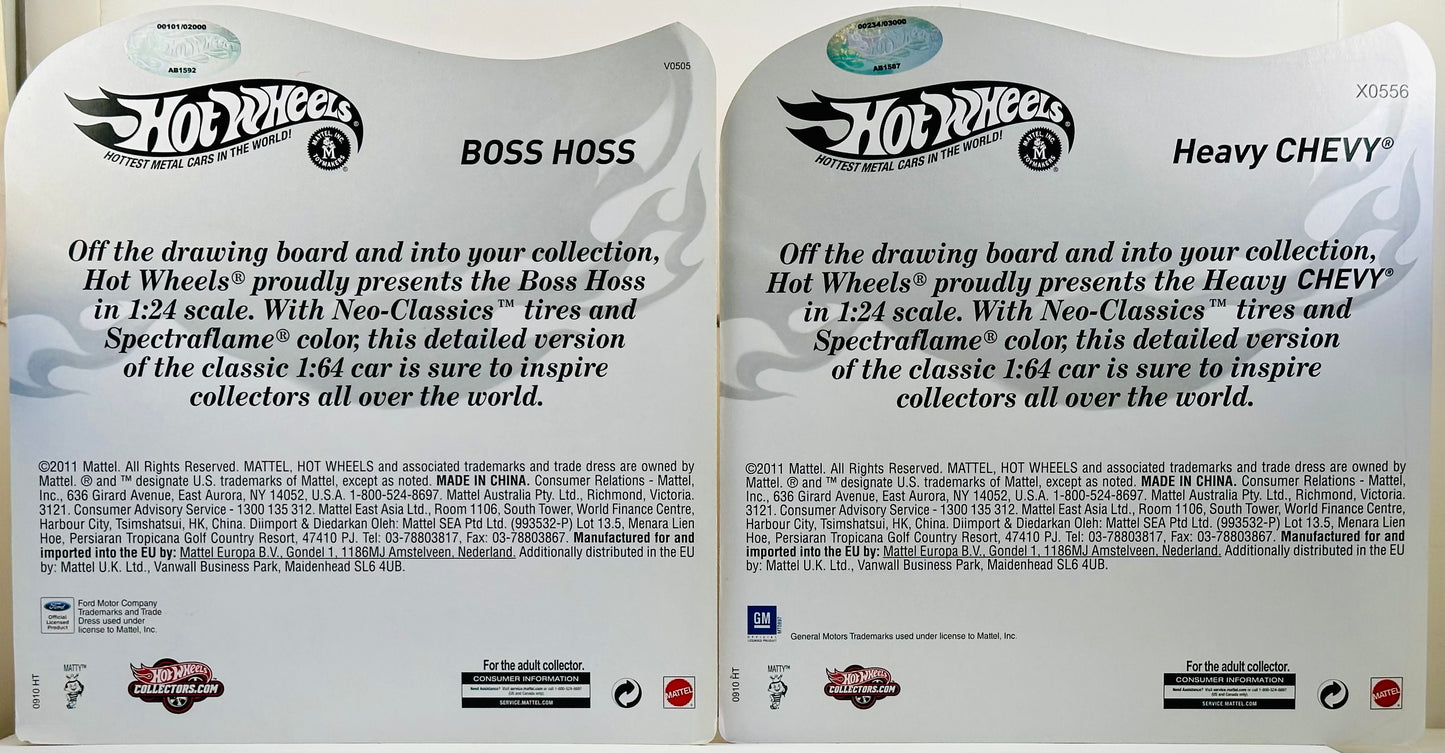 Hot Wheels 2011 - HWC / RLC Exclusive - Boss Hoss & Heavy Chevy - Spectraflame Red & Spectraflame Blue - Spring Wire Suspension - Red Line Neo Classics / Plastic - 1:24 Scale - Limited to 2,000 & 3,000