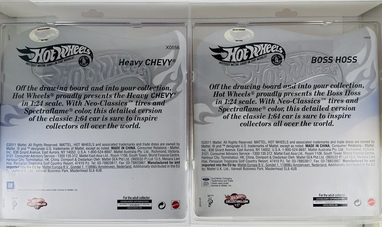 Hot Wheels 2011 - HWC / RLC Exclusive - Boss Hoss & Heavy Chevy - Spectraflame Red & Spectraflame Blue - Spring Wire Suspension - Red Line Neo Classics / Plastic - 1:24 Scale - Limited to 2,000 & 3,000