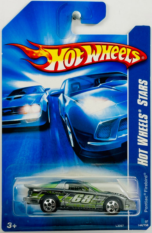 Hot Wheels 2007 - Collector # 144/156 - Hot Wheels Stars 12/24 - Pontiac Firebird - Metalflake Gray - '68' / 'Cortez Racing' - 5SP Wheels - Internatioanl Long Card