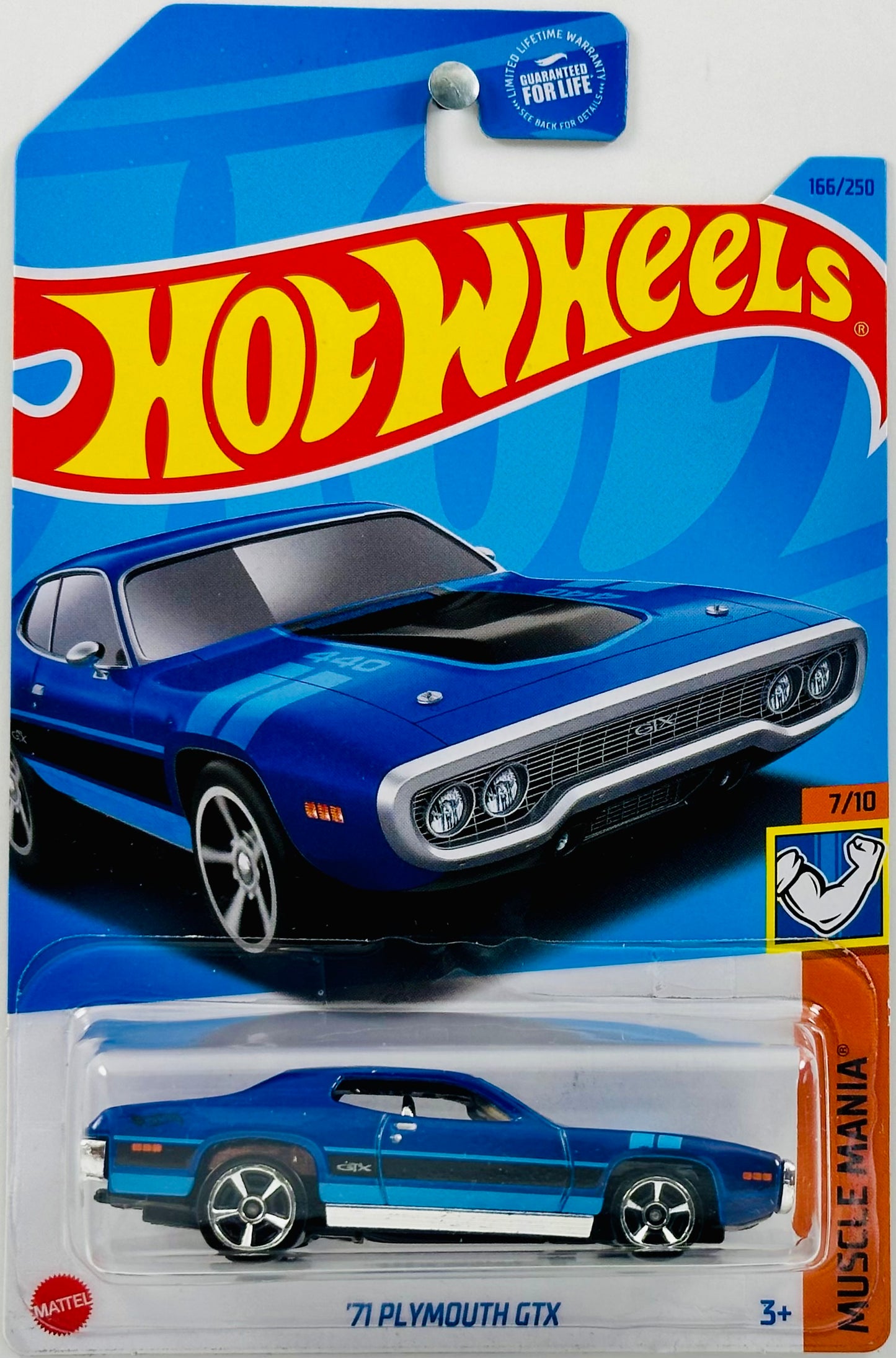 Hot Wheels 2023 - Collector # 166/250 - Muscle Mania 07/10 - '71 Plymouth GTX - Blue - Black Side Stripe & Hood Scoop - USA