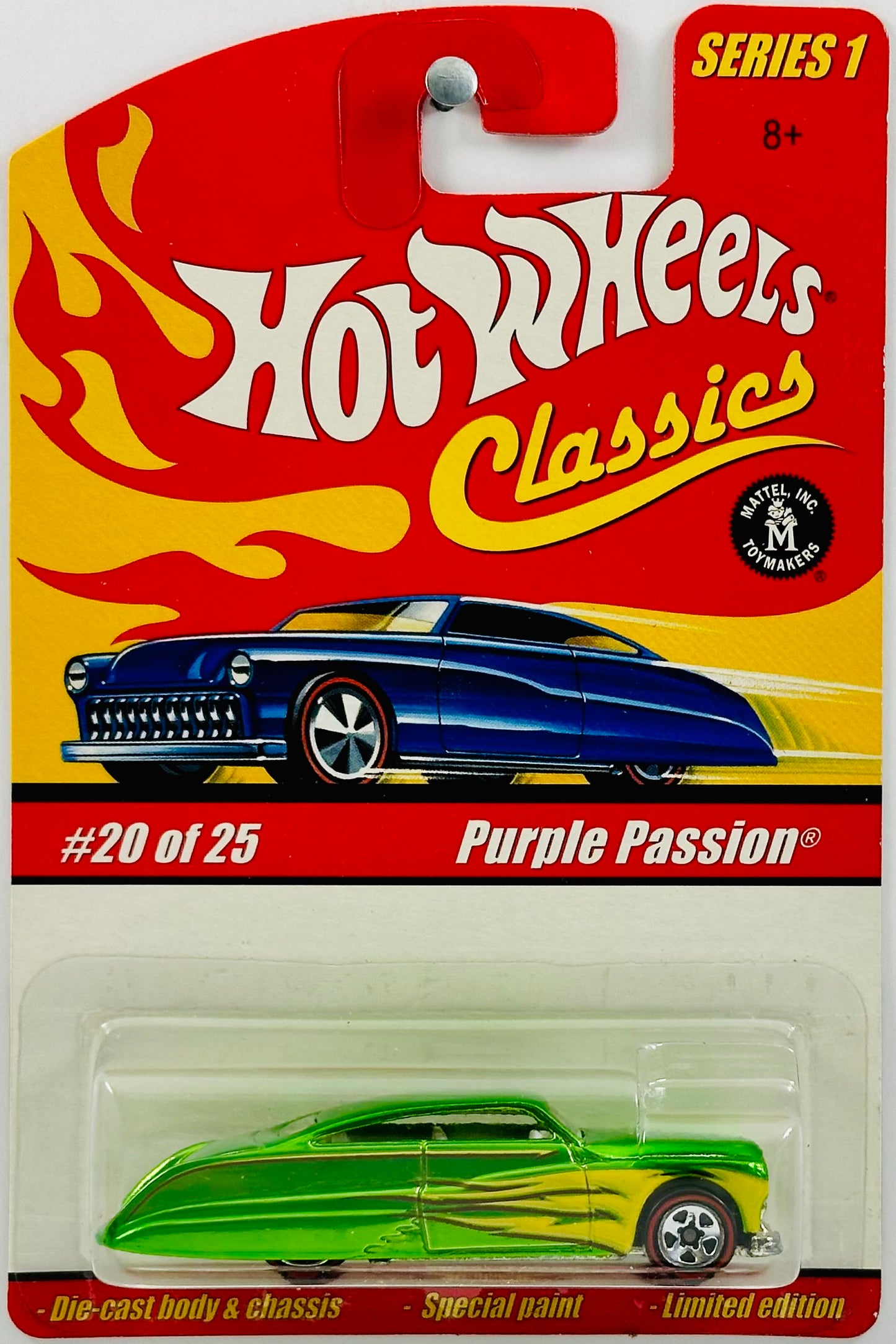 Hot Wheels 2005 - Premium / Classics Series 1 # 20/25 - Purple Passion - Spectraflame Green - Yellow Scallops - Red Line 5 Spoke - Special Paint - Limited Edition