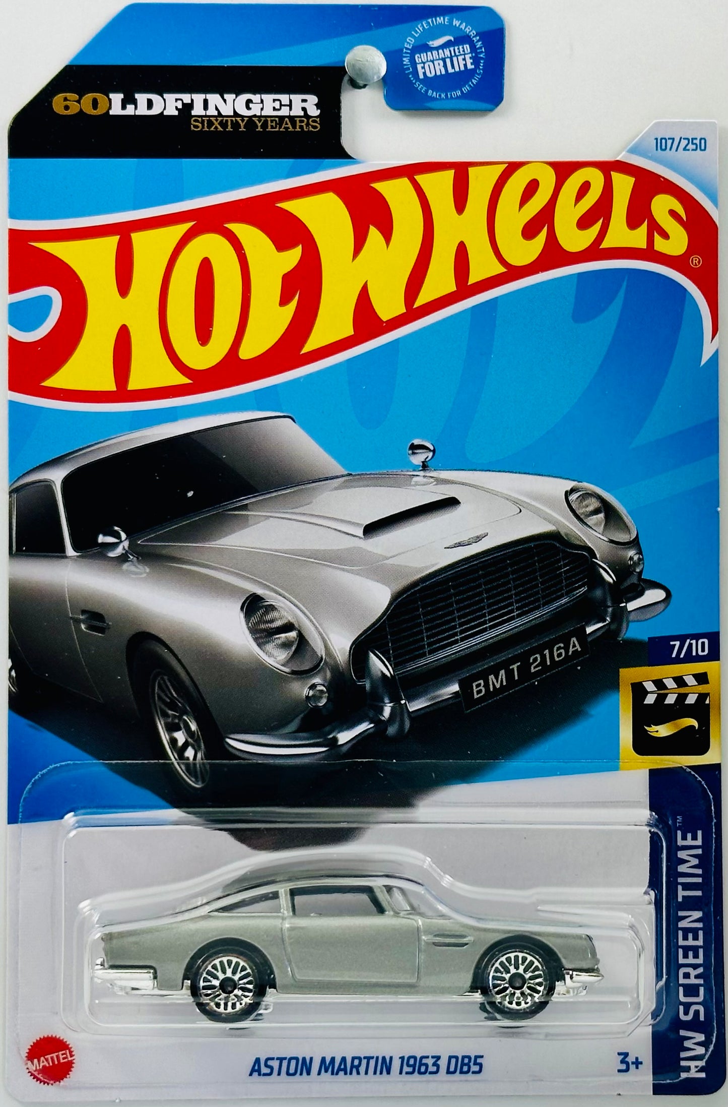 Hot Wheels 2024 - Collector # 107/250 - HW Screen Time 07/10 - Aston Martin 1963 DB5 - Metalflake Sliver - USA '60OLDFINGER' Card