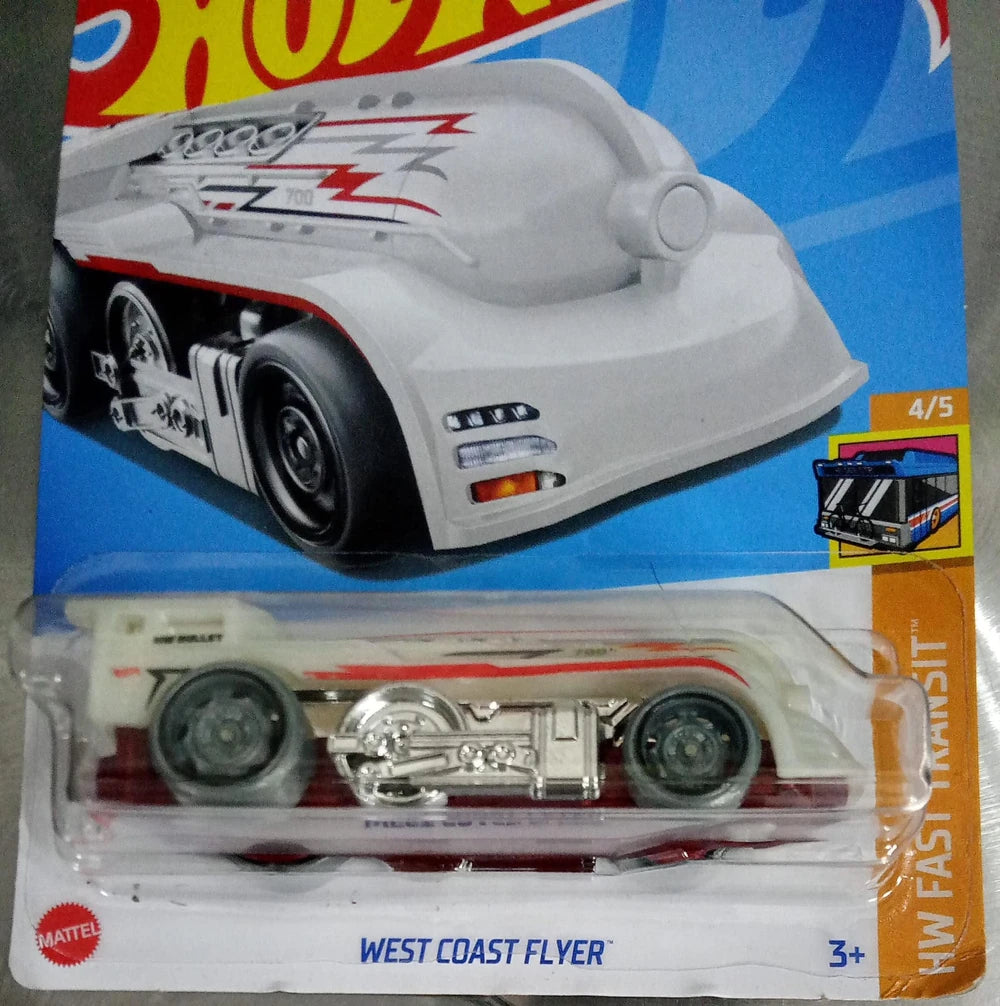 Hot Wheels 2024 - Collector # 056/250 - HW Fast Transit 4/5 - West Coast Flyer - White - USA 'LET'S RACE' Card