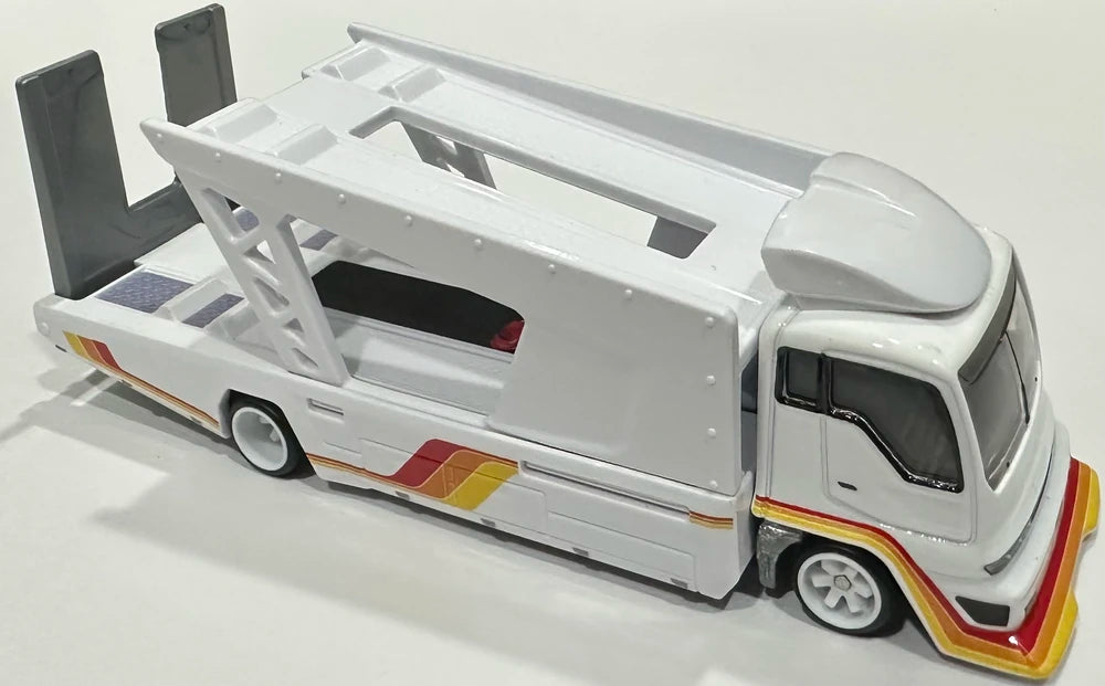 Hot Wheels 2025 - Premium / Car Culture / Team Transport # 79 - Toyota Soarer & Kousoku Hauler - White / Red, Orange & Yellow Stripe - Metal/Metal & Real Riders - Large Blister Card