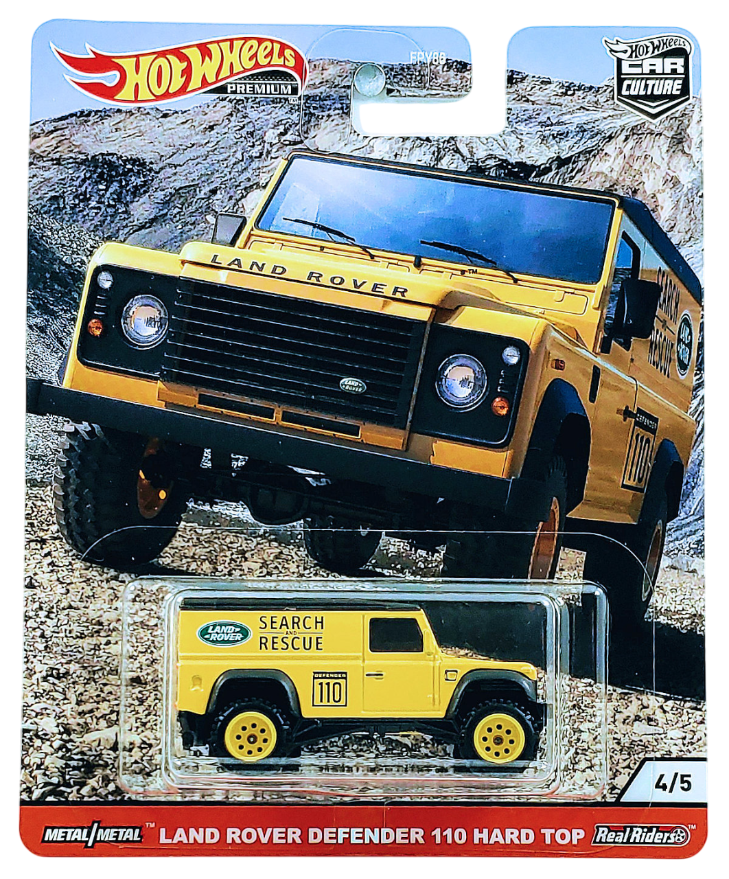 Hot Wheels 2020 - Premium / Car Culture / Wild Terrain 4/5 - Land Rover Defender 110 Hard Top - Yellow / Black Roof / 'Search & Rescue' - Metal/Metal & Real Riders