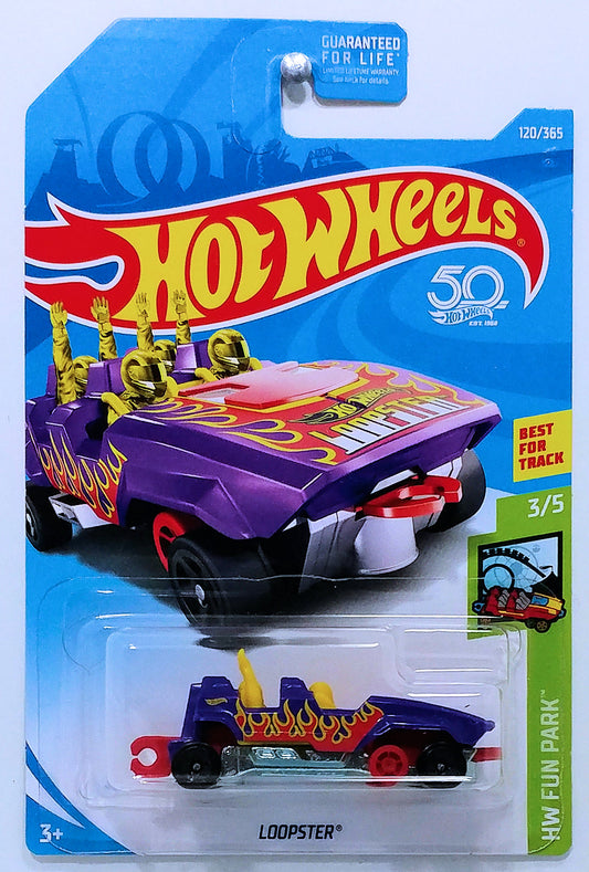 Hot Wheels 2018 - Collector # 120/365 - HW Fun Park 3/5 - Loopster (Hands Up) - Purple with Flames - USA 50th Card