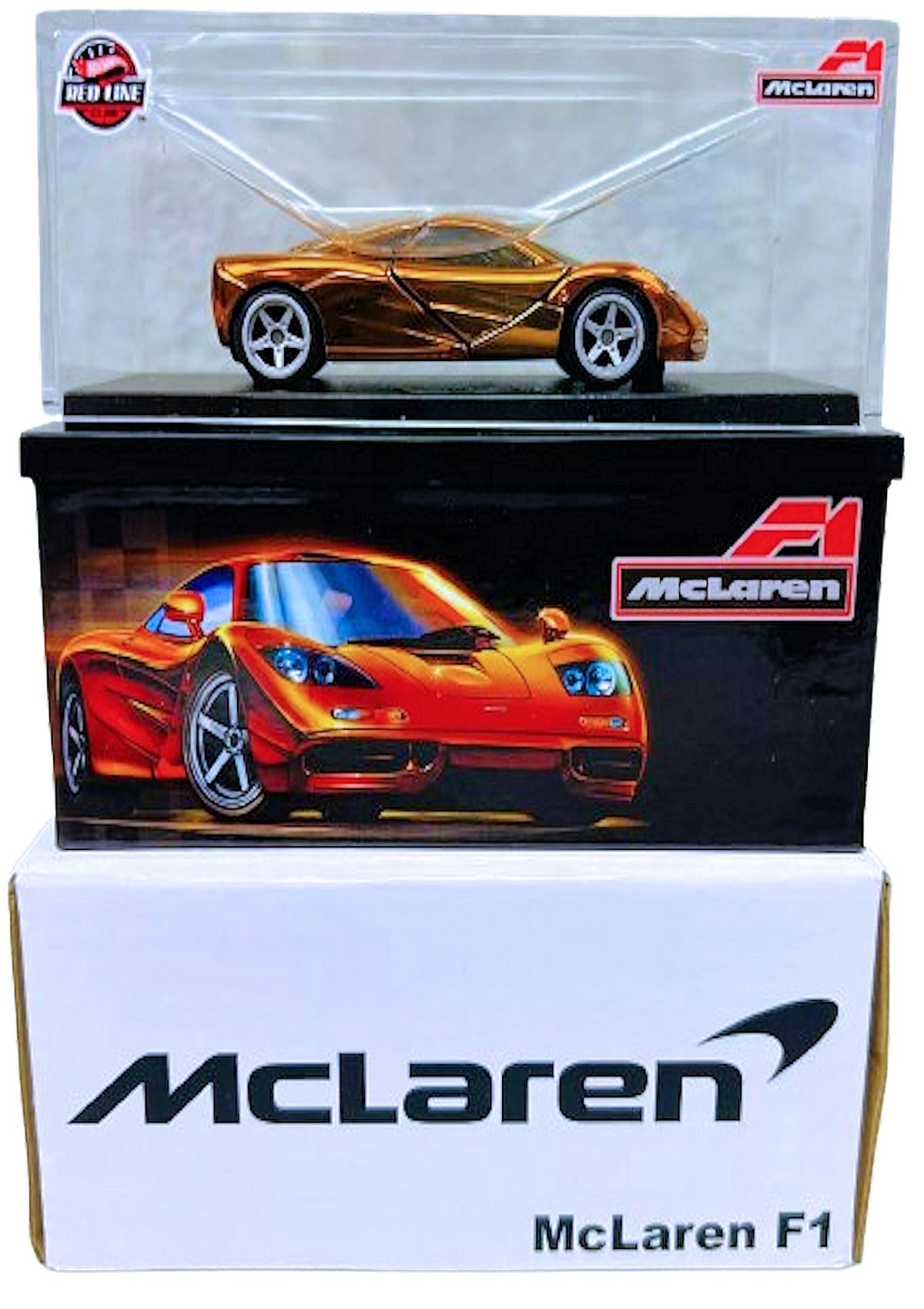 Hot Wheels 2024 - Mattel Creations / HWC - McLaren F1 - Spectraflame Dark Orange - Metal/Metal & Real Riders - Acrylic Display Box