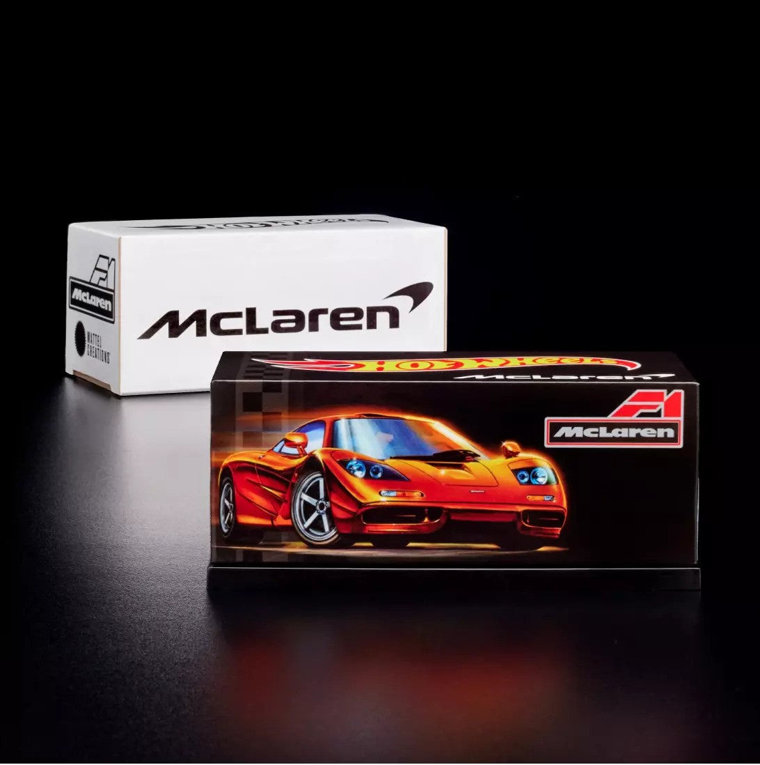 Hot Wheels 2024 - Mattel Creations / HWC - McLaren F1 - Spectraflame Dark Orange - Metal/Metal & Real Riders - Acrylic Display Box