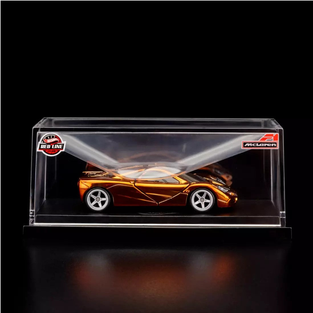 Hot Wheels 2024 - Mattel Creations / HWC - McLaren F1 - Spectraflame Dark Orange - Metal/Metal & Real Riders - Acrylic Display Box