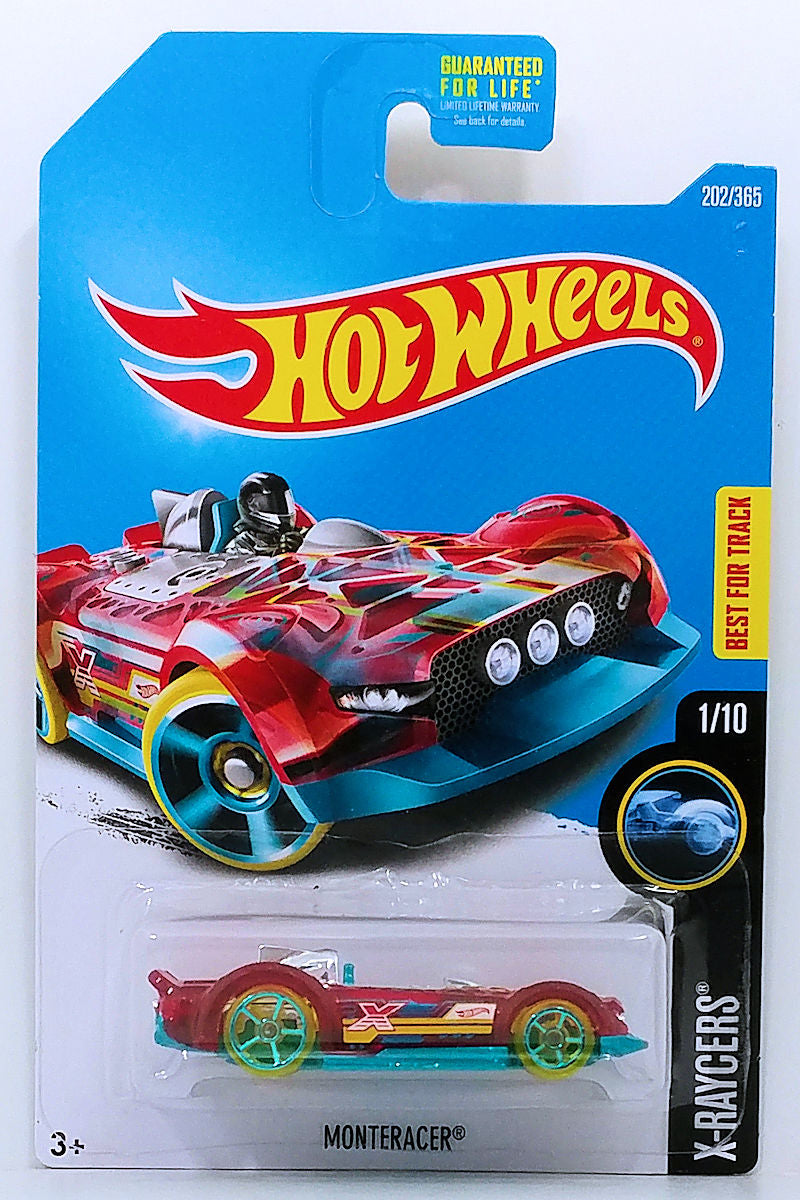 Hot Wheels 2017 - Collector # 202/365 - X-Raycers 1/10 - Monteracer - Transparent Red Body / Blue Metal Base - USA Card