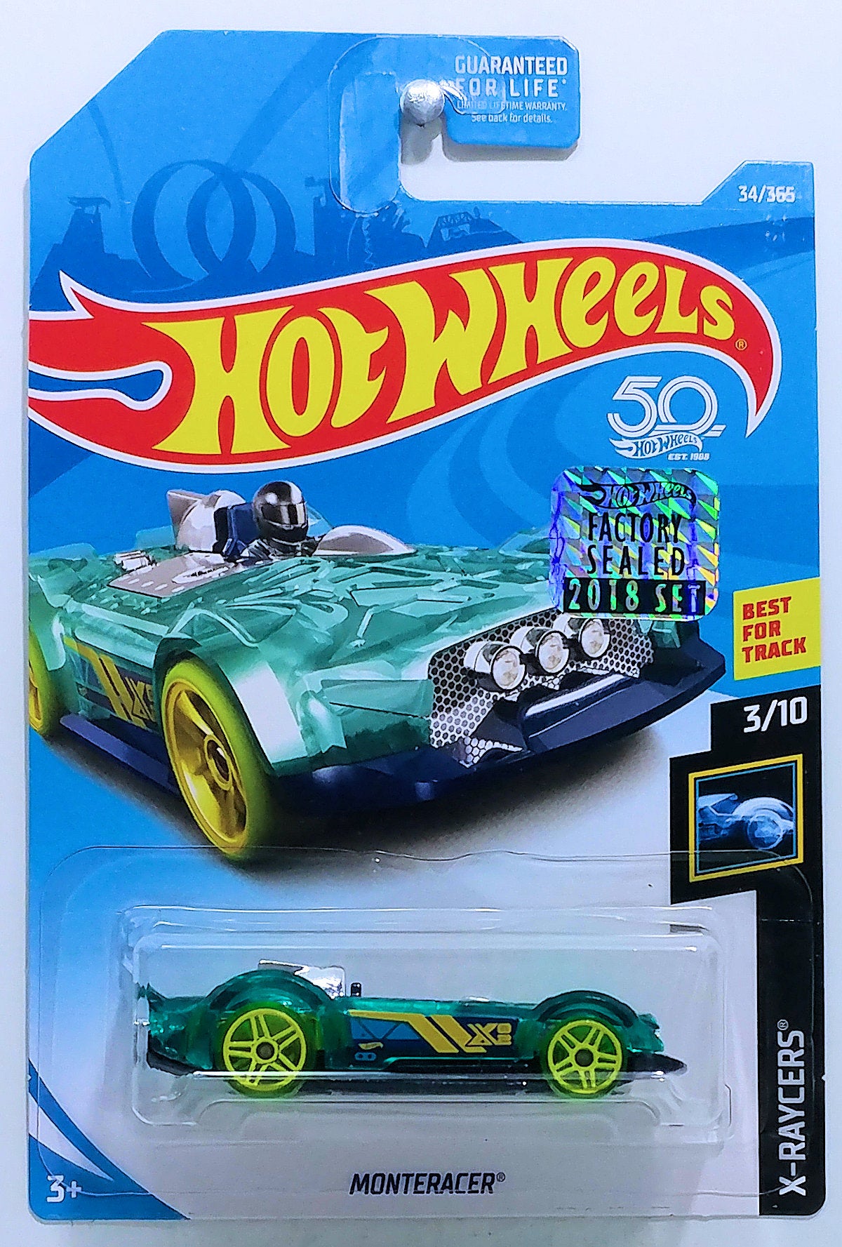 Hot Wheels 2018 - Collector # 034/365 - X-Raycers 3/10 - Monteracer - Transparent Blue - USA 50th Card with Factory Set Sticker