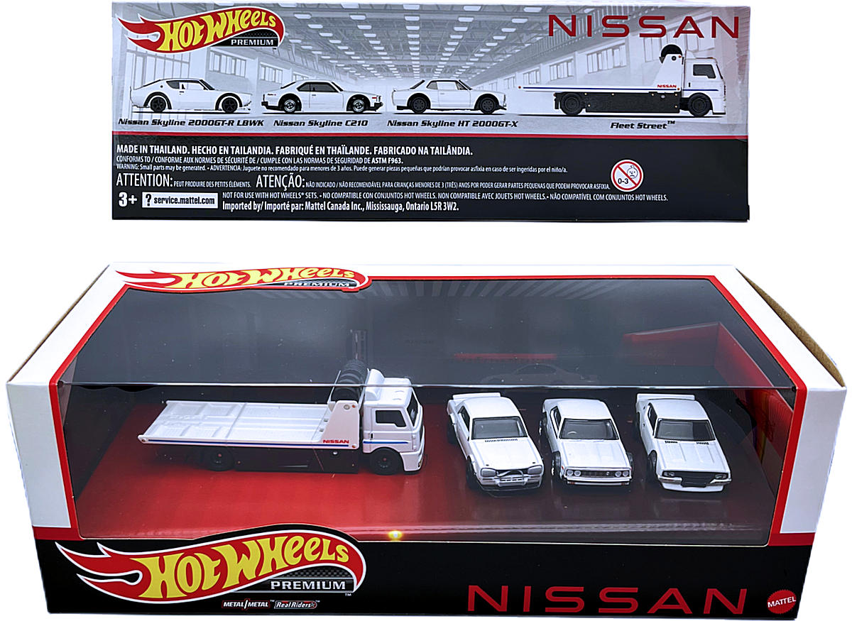 Hot Wheels 2023 - Premium / Nissan Diorama / LBWK HAKO 4 Car Box Set - Fleet Street, Nissan Skyline 2000GT-R LBWK, Nissan Skyline C210 & Nissan Skyline HT 2000GT-X - All vehicles are White Enamel - Metal/Metal & Real Riders - Display Box