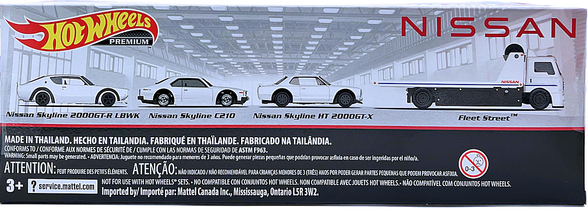 Hot Wheels 2023 - Premium / Nissan Diorama / LBWK HAKO 4 Car Box Set - Fleet Street, Nissan Skyline 2000GT-R LBWK, Nissan Skyline C210 & Nissan Skyline HT 2000GT-X - All vehicles are White Enamel - Metal/Metal & Real Riders - Display Box