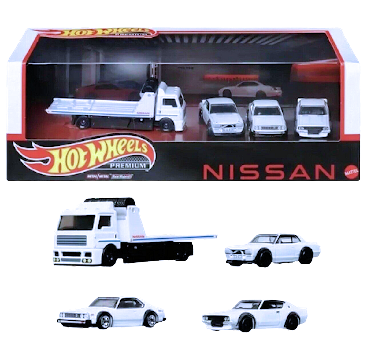 Hot Wheels 2023 - Premium / Nissan Diorama / LBWK HAKO 4 Car Box Set - Fleet Street, Nissan Skyline 2000GT-R LBWK, Nissan Skyline C210 & Nissan Skyline HT 2000GT-X - All vehicles are White Enamel - Metal/Metal & Real Riders - Display Box