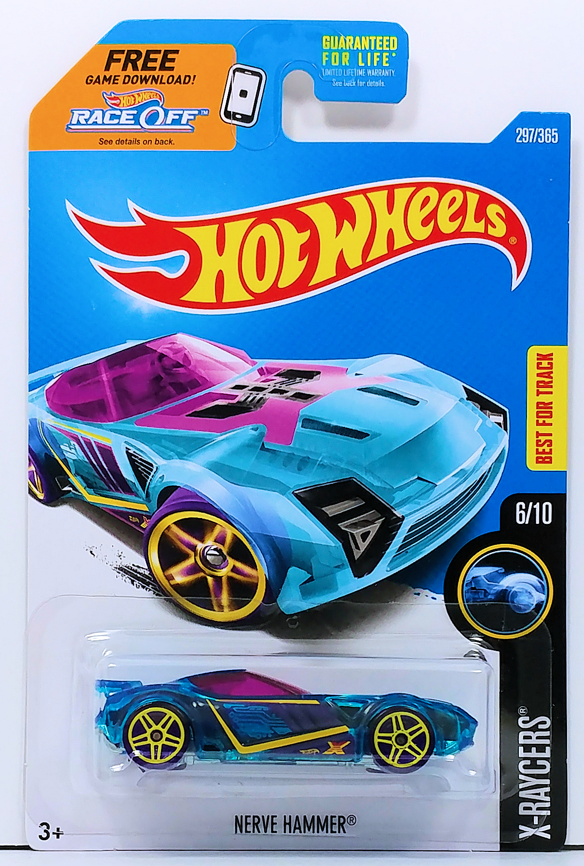 Hot Wheels 2017 - Collector # 297/365 - X-Raycers 6/10 - Nerve Hammer - Transparent Blue Body / Unpainted Metal Base - USA Card