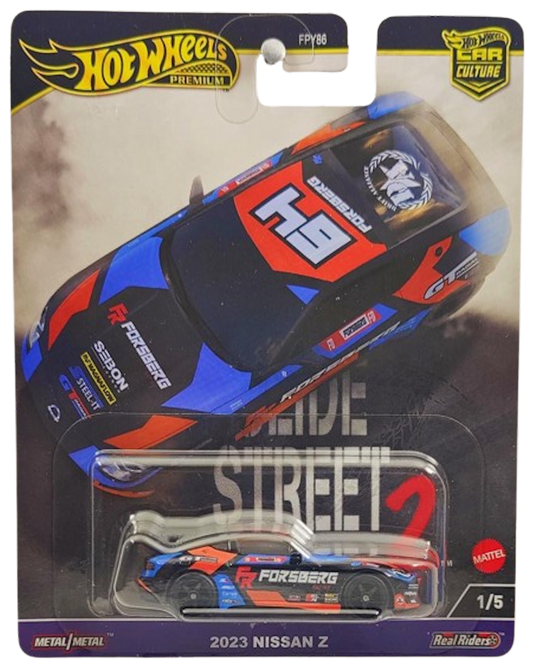 Hot Wheels 2024 - Premium / Car Culture / Slide Street 2 # 1/5 - 2023 Nissan Z - Black / Red & Blue Graphics / 'Forsberg' - Metal/Metal & Real Riders