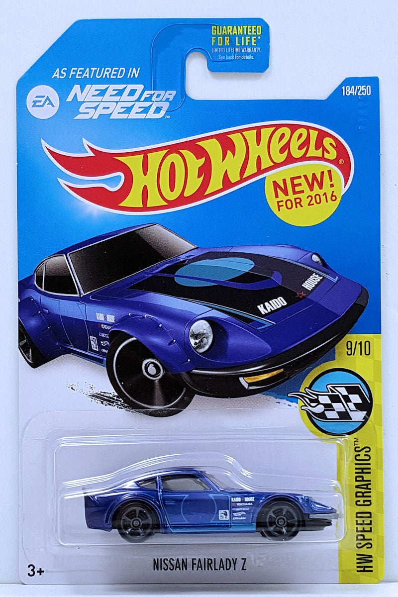 Hot Wheels 2016 - Collector # 184/250 - HW Speed Graphics 9/10 - New Models - Nissan Fairlady Z - Candy Blue / Kaido House - USA 'Need for Speed' Card