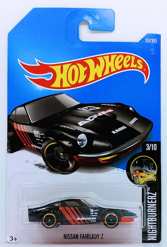 Hot Wheels 2017 - Collector # 357/365 - Nightburnerz 3/10 - Nissan Fairlady Z - Black / ADVAN - International Card