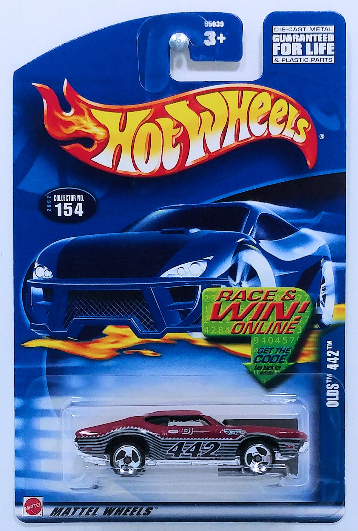Hot Wheels 2002 - Collector # 154/240 - Olds 442 - Metallic Maroon - USA Race & Win Card