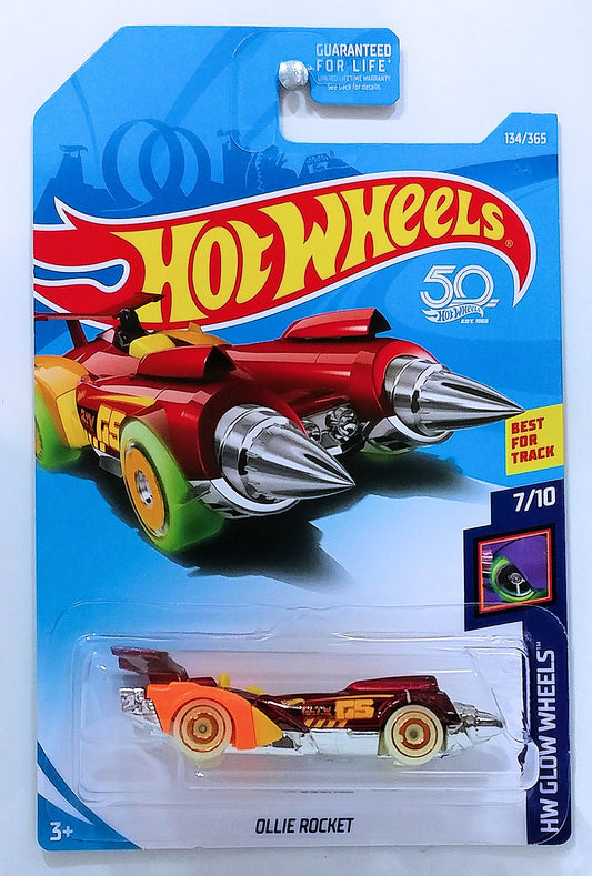 Hot Wheels 2018 - Collector # 134/365 - HW Glow Wheels 7/10 - Ollie Rocket - Metalflake Red - USA 50th Card