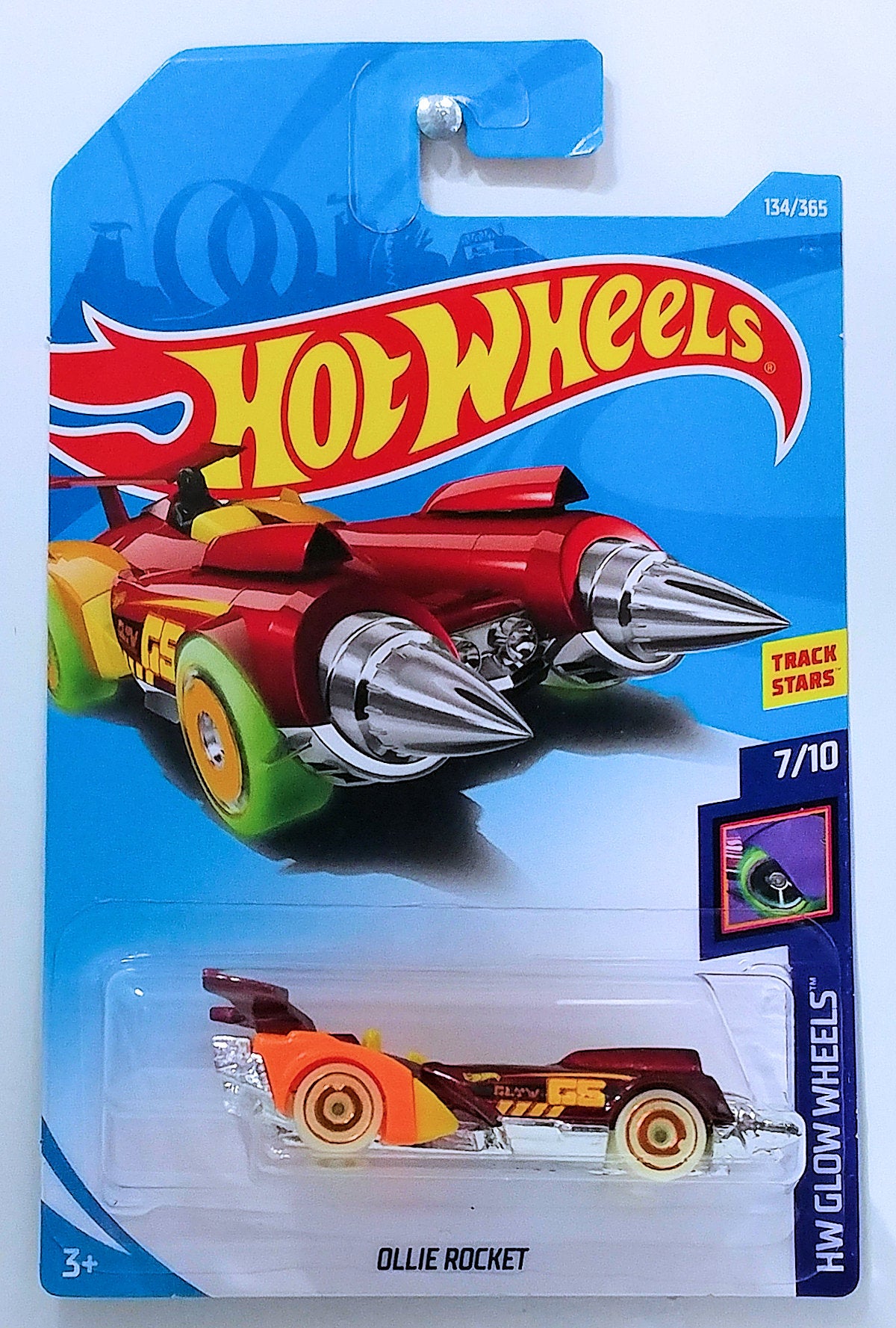 Hot Wheels 2018 - Collector # 134/365 - HW Glow Wheels 7/10 - Ollie Rocket - Metalflake Red - International Card