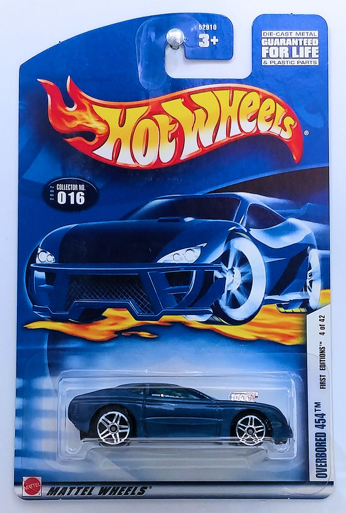 Hot Wheels 2002 - Collector # 016/240 - First Editions 4/42 - Overbored 454 - Blue Metalflake / White Racing Stripes - PR5 Wheels - USA Card