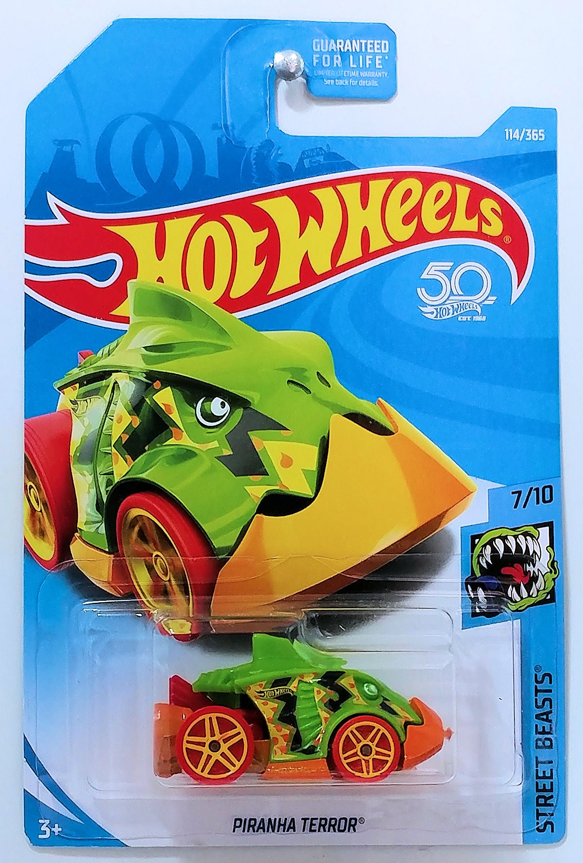 Hot Wheels 2018 - Collector # 114/365 - Street Beasts 7/10 - Piranha Terror - Lime Green Body / Orange Base - USA 50th Card