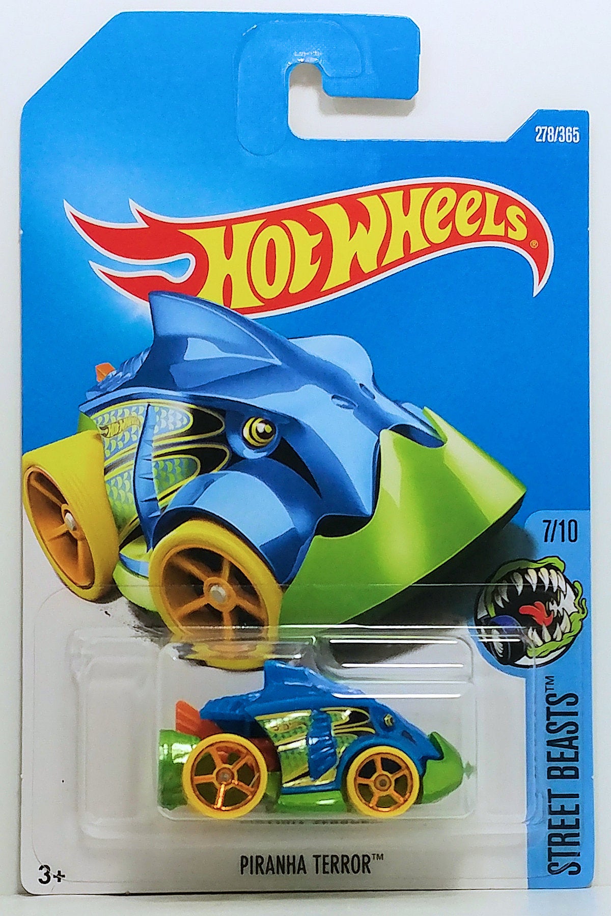 Hot Wheels 2017 - Collector # 278/365 - Street Beasts 7/10 - Piranha Terror - Blue Body / Green Base - International Card