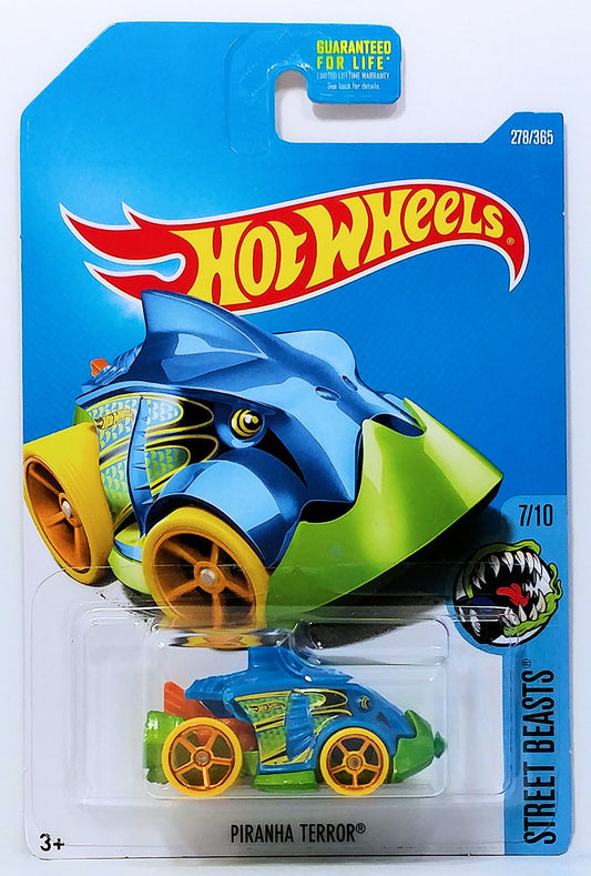 Hot Wheels 2017 - Collector # 278/365 - Street Beasts 7/10 - Piranha Terror - Blue Body / Green Base - USA Card