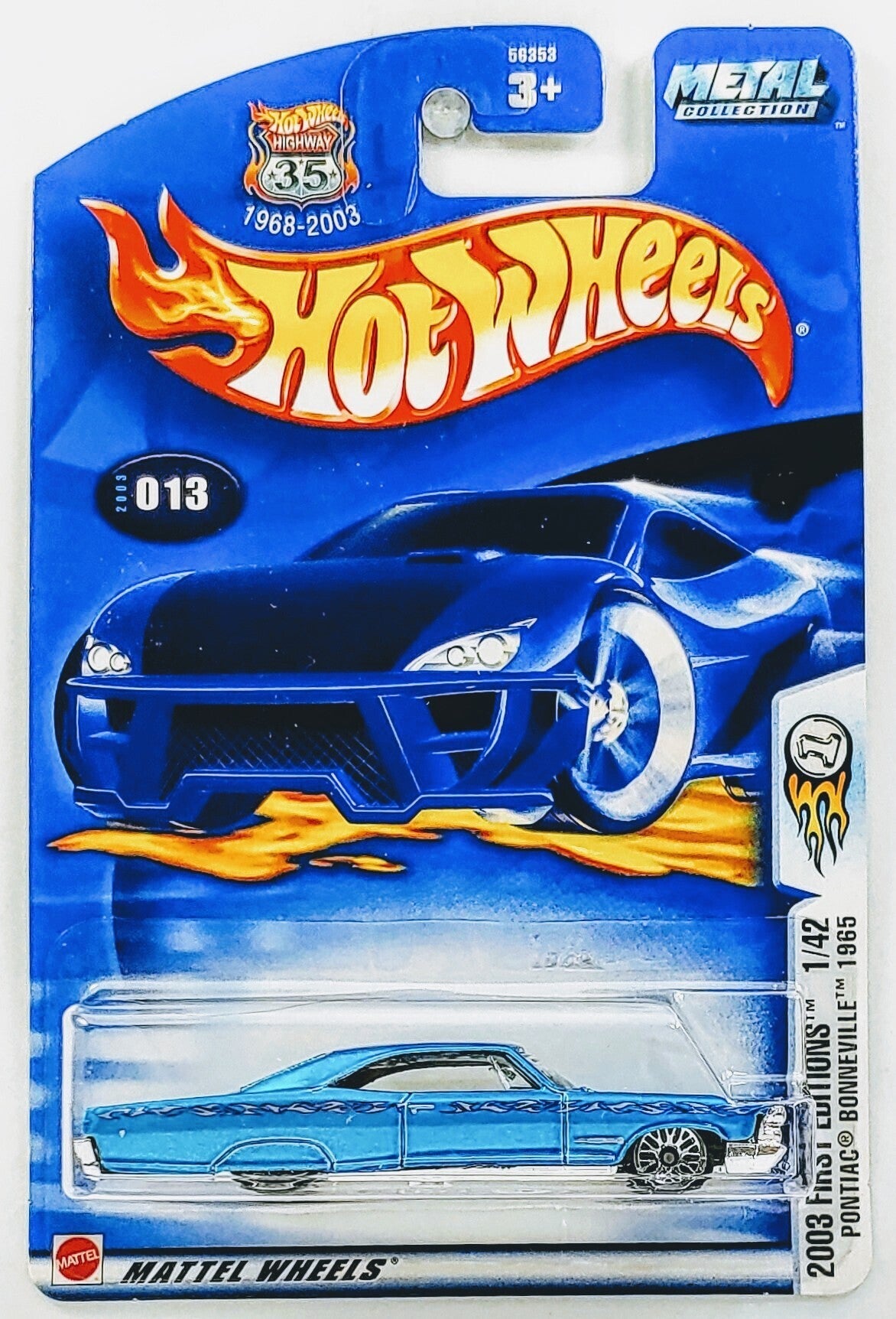 Hot Wheels 2003 - Collector # 013/220 - First Editions 1/42 - Pontiac Bonneville 1965 - Pearl Blue - Lace Wheels - USA '1968-2003' Card