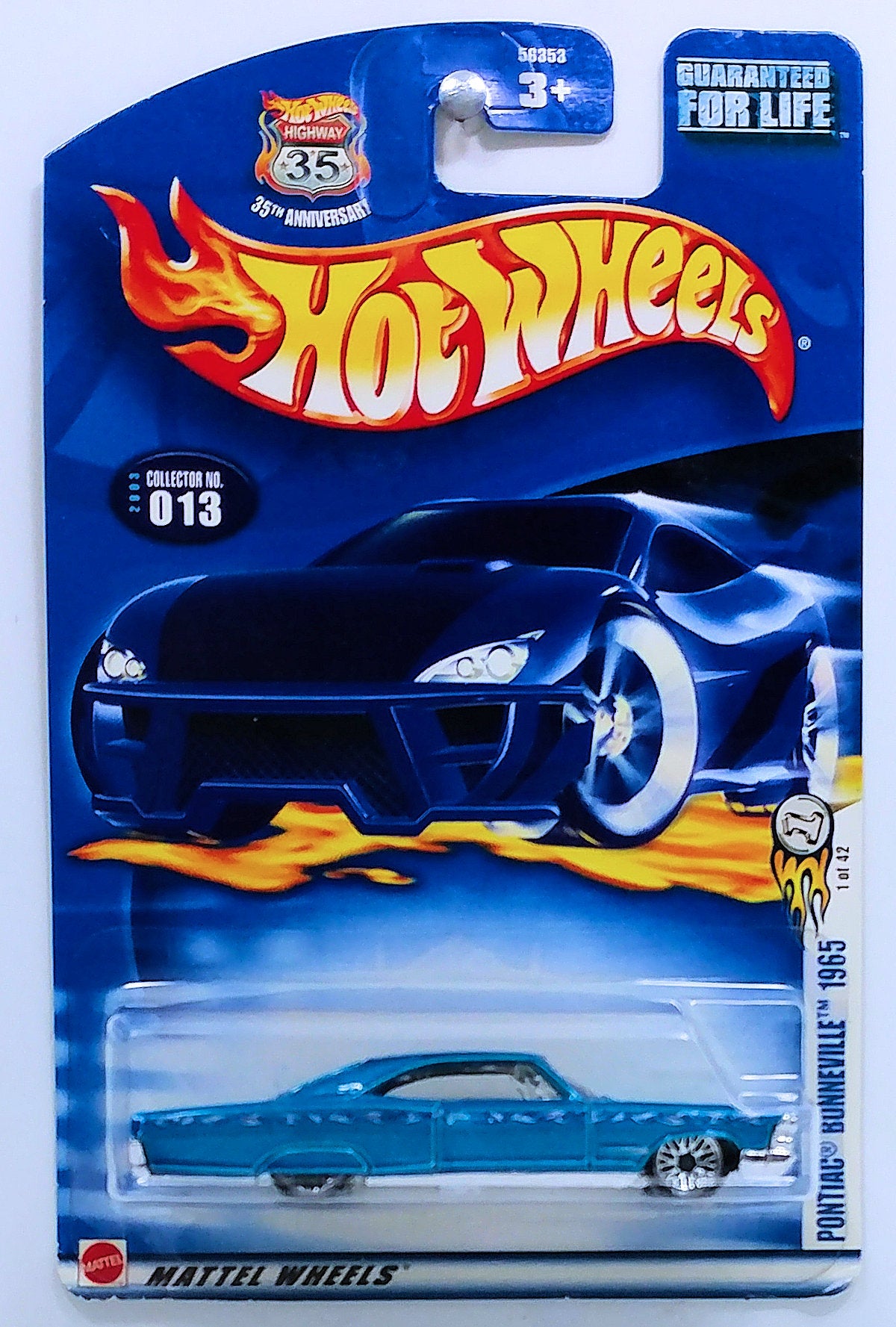 Hot Wheels 2003 - Collector # 013/220 - First Editions 1/42 - Pontiac Bonneville 1965 - Pearl Blue - Lace Wheels - USA '35th Anniversary' Card