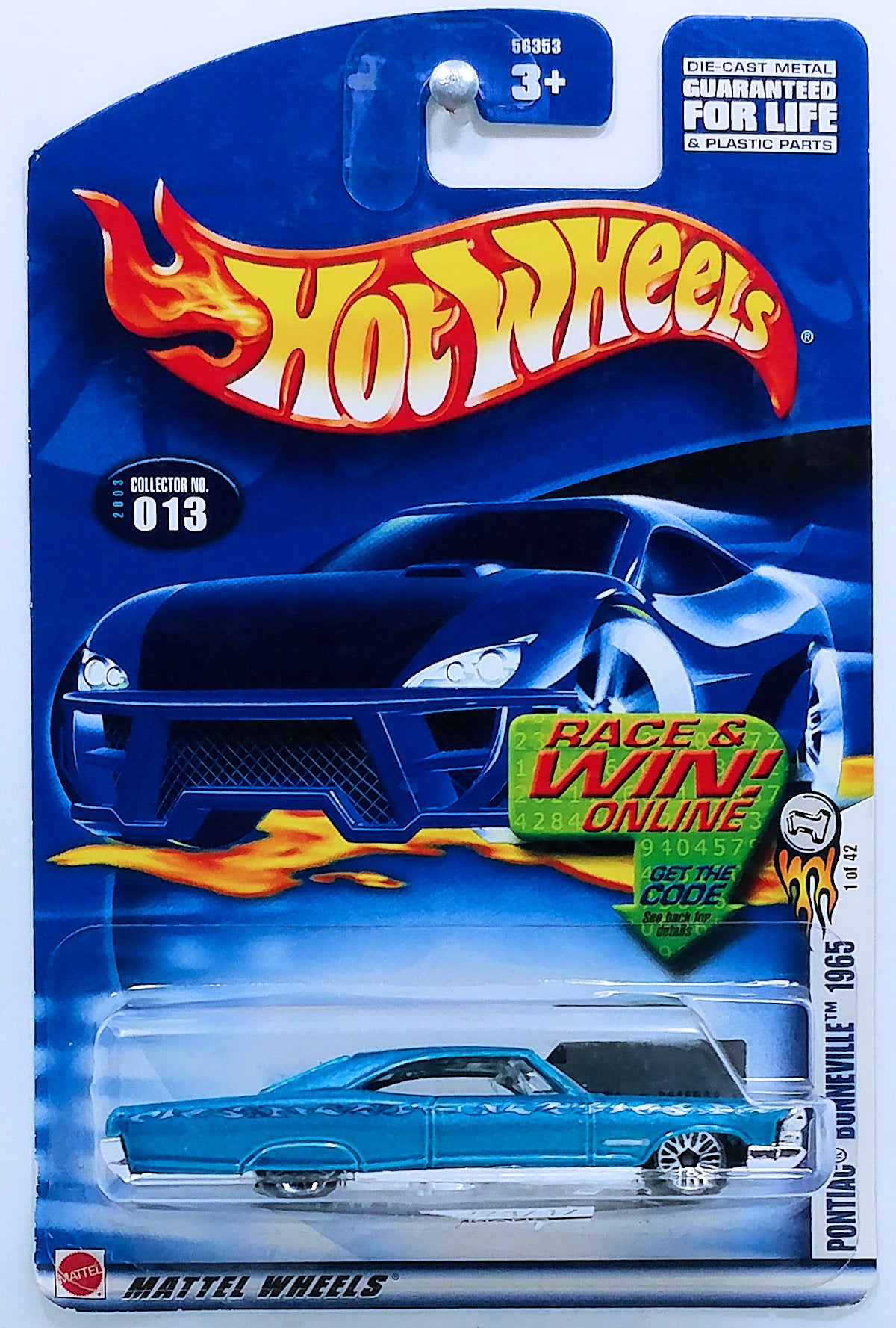Hot Wheels 2003 - Collector # 013/220 - First Editions 1/42 - Pontiac Bonneville 1965 - Pearl Blue - Lace Wheels - USA 'Race and Win' Card