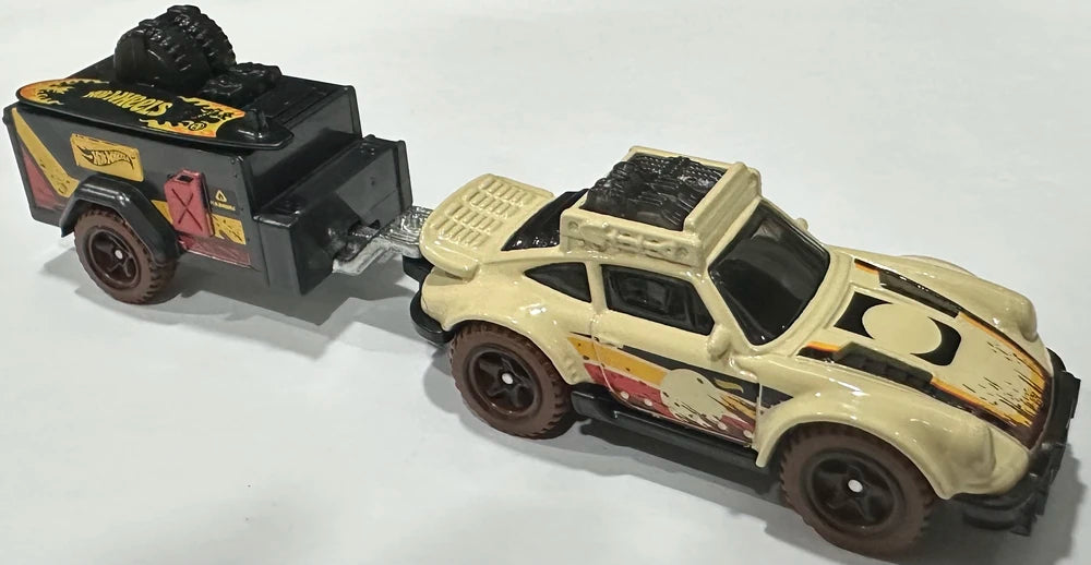 Hot Wheels 2025 - Track Fleet - Porsche 911 Off-Roader - Car = Cream / Trailer = Matte Black - Black Baja 5 Wheels on Brown Tires - NEW Casting!