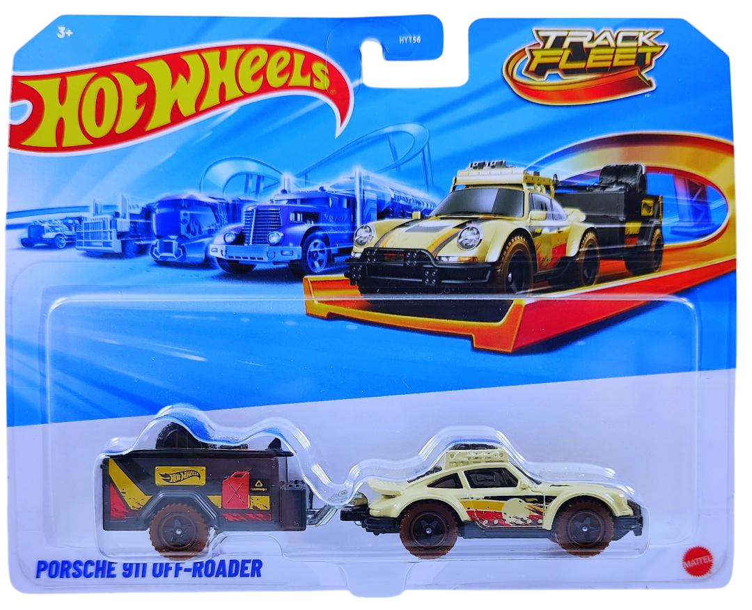 Hot Wheels 2025 - Track Fleet - Porsche 911 Off-Roader - Car = Cream / Trailer = Matte Black - Black Baja 5 Wheels on Brown Tires - NEW Casting!
