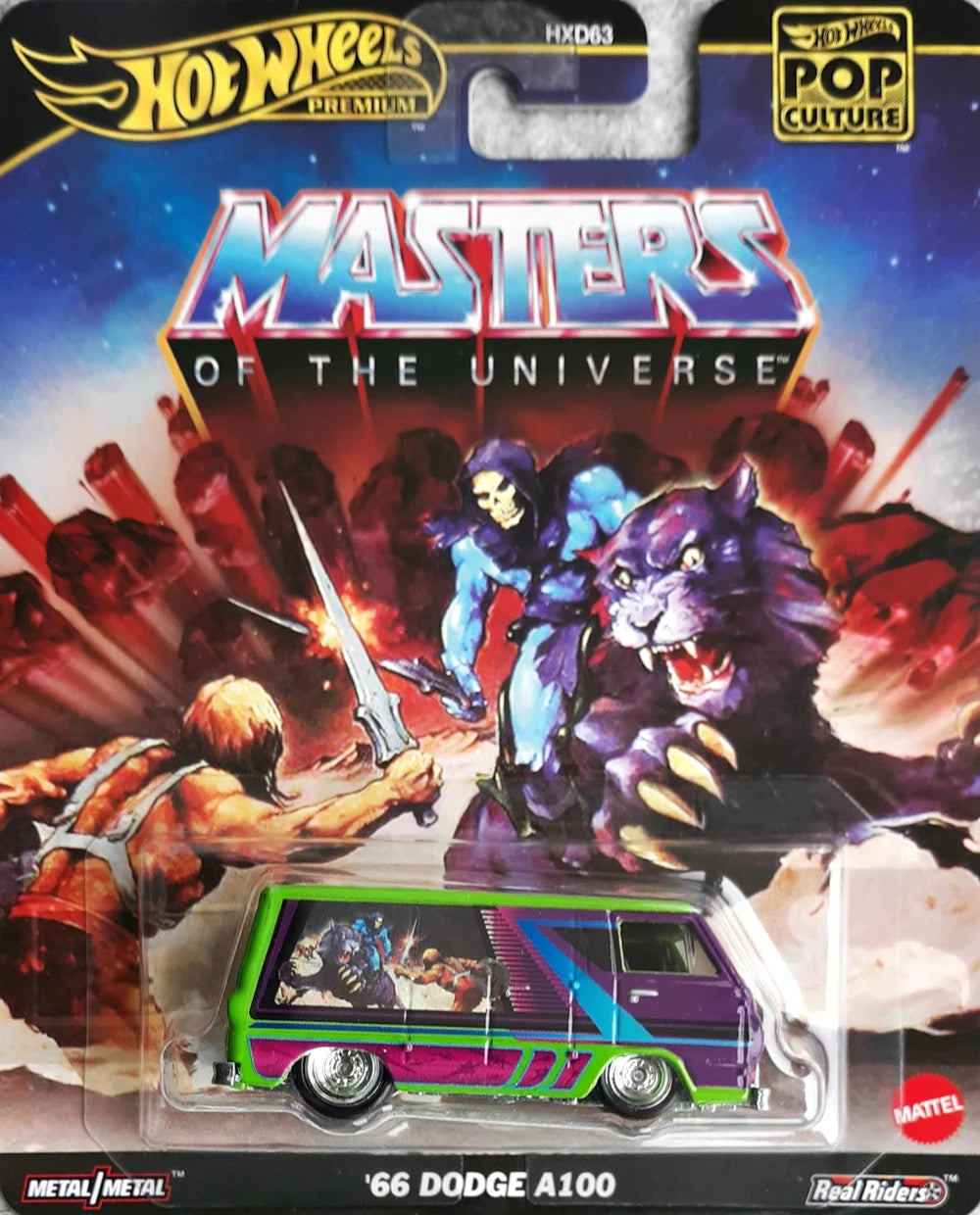 Hot Wheels 2025 - Premium / Pop Culture / Masters of the Universe - '66 Dodge A100 - Neon Green / He-Man, Skeletor & Panthor Graphics - Metal/Metal & Real Riders