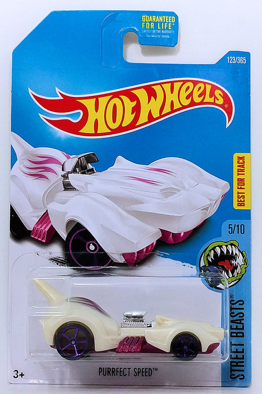 Hot Wheels 2017 - Collector # 123/365 - Street Beasts 5/10 - Purrfect Speed - White - USA 'Month' Card a Walmart Exclusive