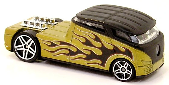 Hot Wheels 2008 - Collector # 166/172 - Treasure Hunts 6/12 - Qombee - Gold with Black Roof & Flames - PR5 Wheels - International Card