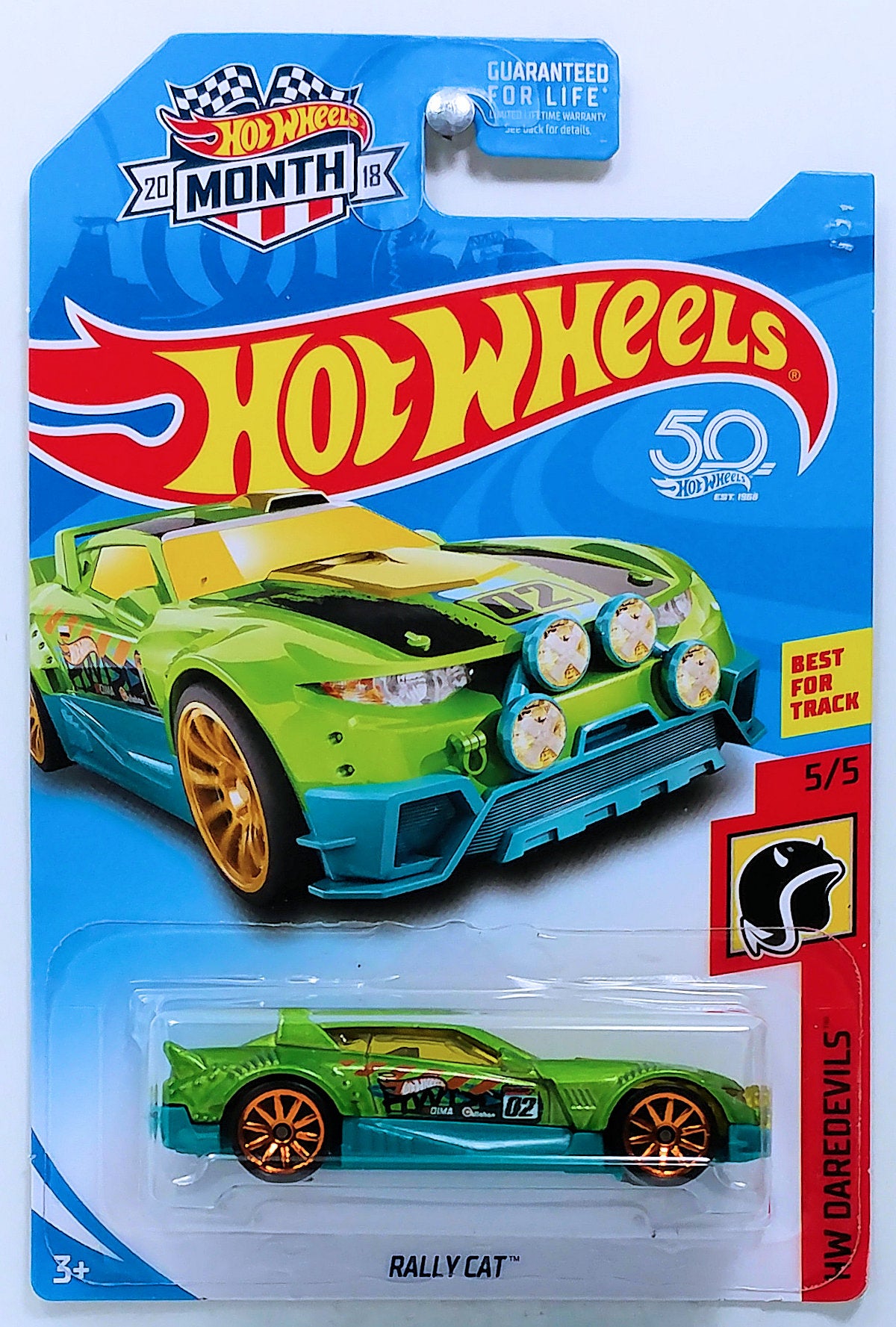 Hot Wheels 2018 - Collector # NONE - HW Daredevils 5/5 - Rally Cat - Green - USA 50th Card with Month Promo