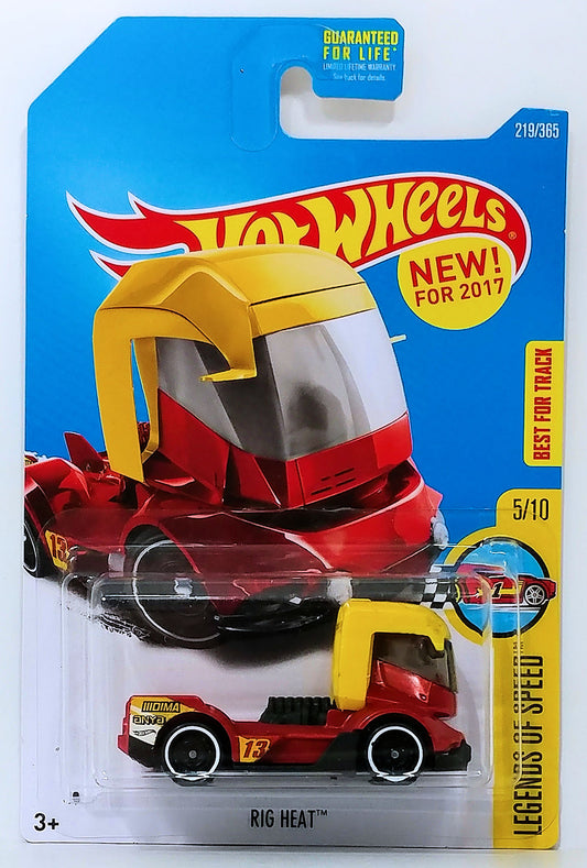 Hot Wheels 2017 - Collector # 219/365 - Legends Of Speed 5/10 - New Models - Rig Heat - Red Body / Yellow Roof - USA Card