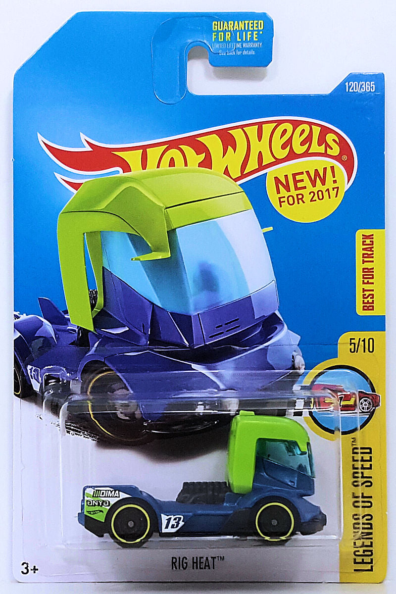 Hot Wheels 2017 - Collector # 120/365 - Legends Of Speed 5/10 - New Models - Rig Heat - Blue Body / Green Roof - USA Card