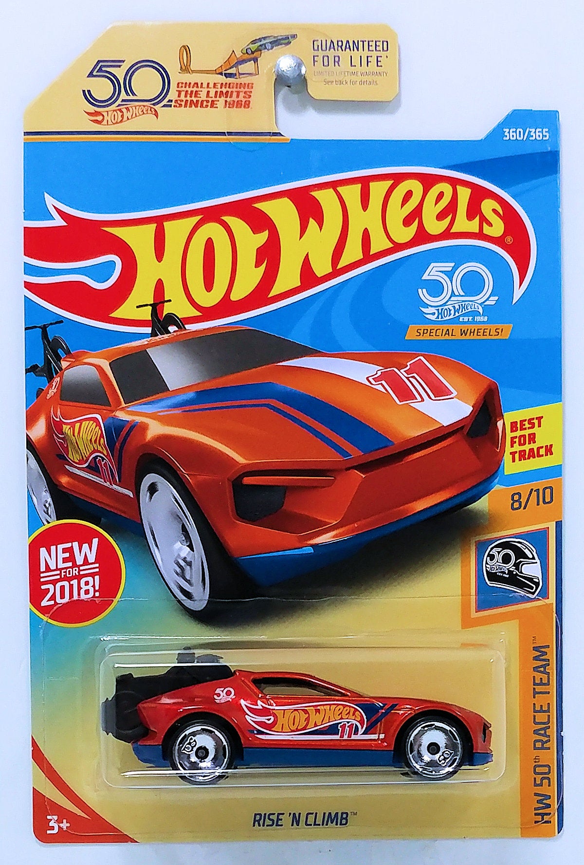 Hot Wheels 2018 - Collector # 360/365 - HW 50th Race Team 8/10 - New Models - Rise 'N Climb - Metalflake Orange / #11 - USA 50th Card