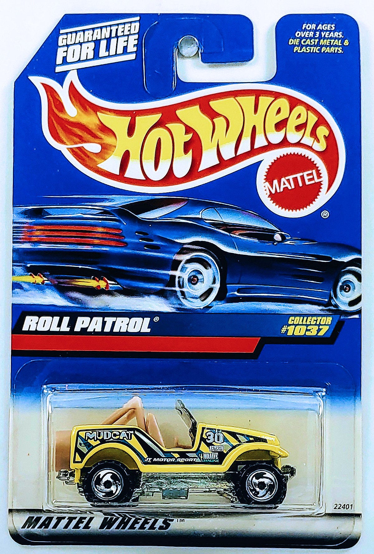 Hot Wheels 1999 - Collector # 1037 - Roll Patrol (Jeep) - Yellow / #30 / 'Mudcat' - Sawblades - USA Card