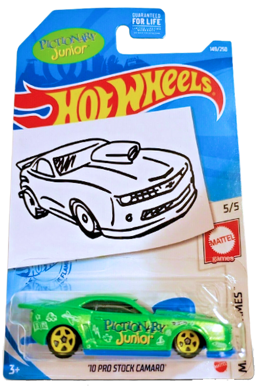 Hot Wheels 2021 - Collector # 149/250 - Mattel Games 5/5 - '10 Pro Stock Camaro - Green / Pictionary - USA Card with SKETCHED Car - Kroger Exclusive