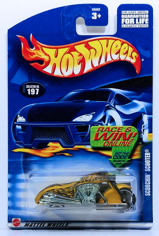 Hot Wheels 2002 - Collector # 197/240 - Scorchin' Scooter (Motorcycle) - Gold Metalflake / Black Tribal Flames - USA Race & Win Card