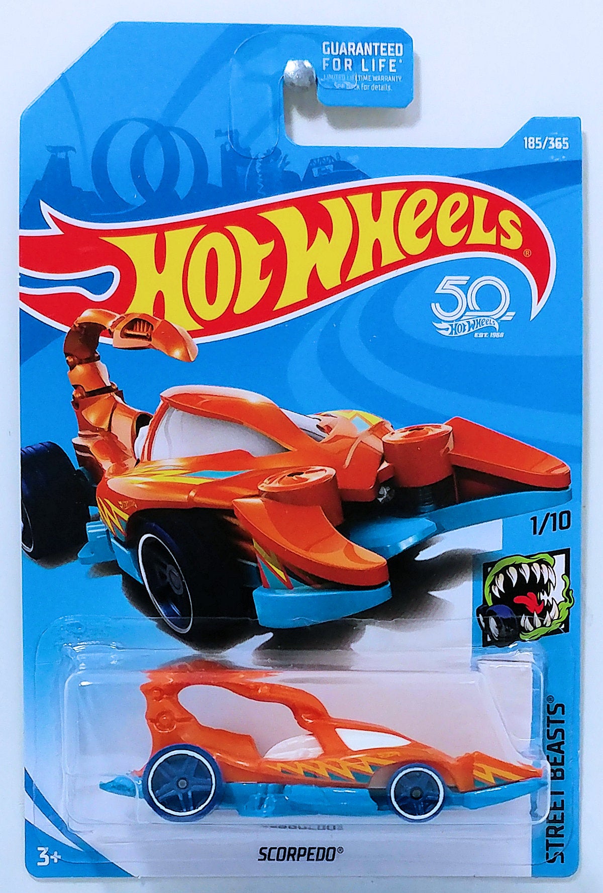 Hot Wheels 2018 - Collector # 185/365 - Street Beasts 1/10 - Scorpedo - Orange - USA 50th Card