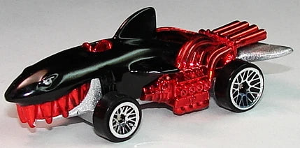 Hot Wheels 1997 - Collector # 602 - Sharkruiser - Black - Red Chrome Engine, Exhaust, Seat and Teeth - Light Gray Metalflake Base - USA Blue & White Card